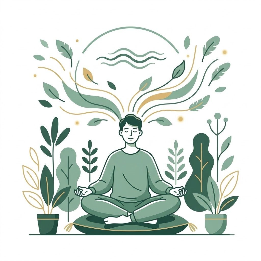 Person meditating peacefully, surrounded by plants